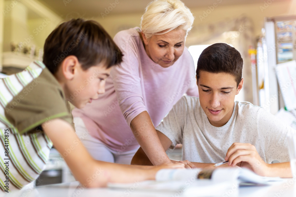 Mother helping her kids doing homework at home
Mother helping her kids doing homework at home