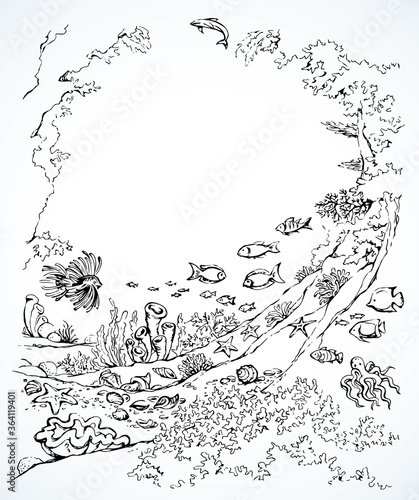 Scuba diver underwater. Vector drawing