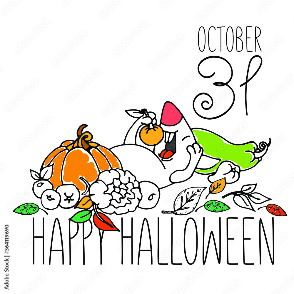 Happy Halloween greeting card vector, mouse with vegetables, October 31. Drawing, sketch, hand drawing, for invitations, sales ads, for a calendar for a month