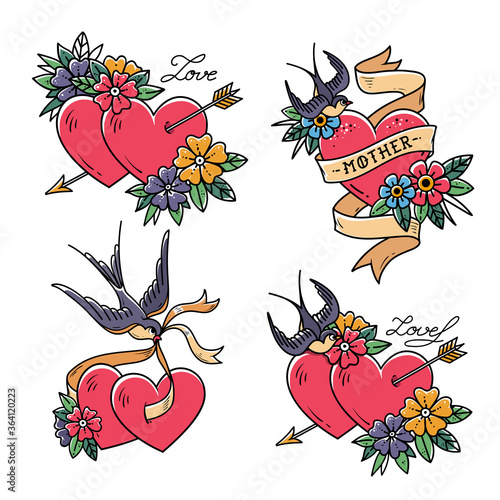 Set of Heart Tattoos with birds.Old school style