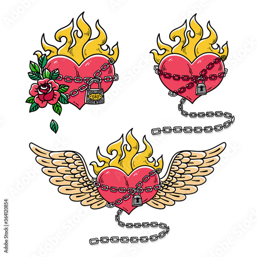Collection of Flaming hearts in chains of love.