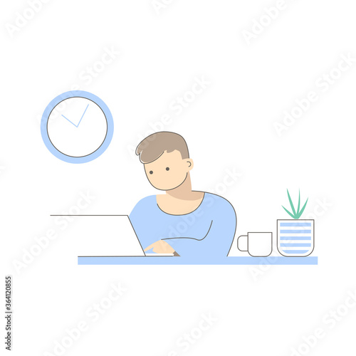 Office worker at his workplace. A man works on a laptop. Freelance and distance job background. Vector illustration.