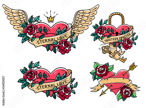 Set of heart tattoos with roses and ribbons.