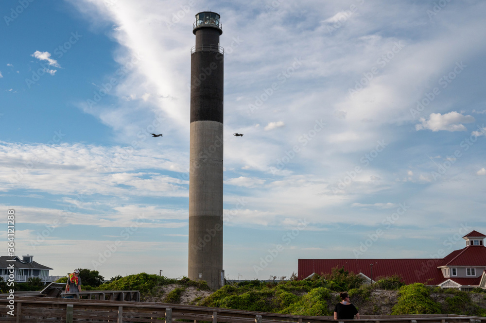 Two birds fly by the light house Two birds fly by the light house