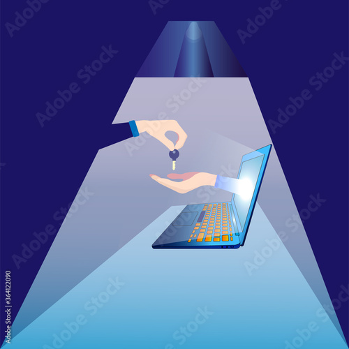 A hand outstretched from the darkness offers a key to ensure security.