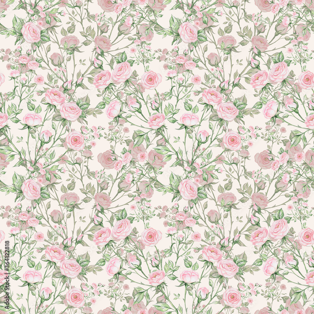 Seamless pattern of bouquets of roses drawn by pencil and paints on paper Seamless pattern of bouquets of roses drawn by pencil and paints on paper