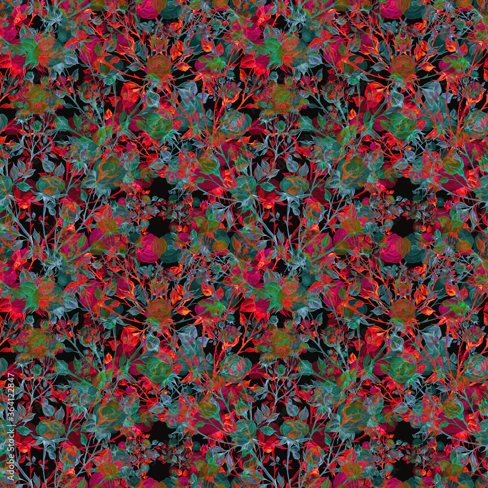 Seamless pattern of bouquets of roses drawn by pencil and paints on paper Seamless pattern of bouquets of roses drawn by pencil and paints on paper