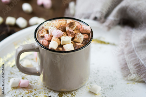 Hot chocolate with marshmallows. Christmas drink.