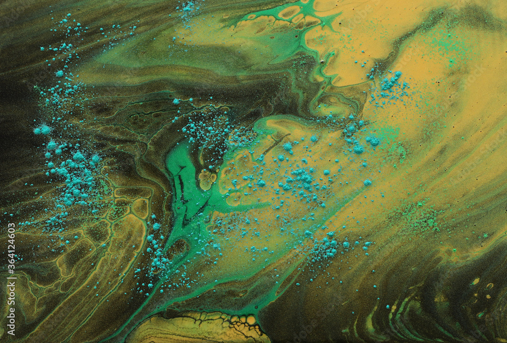art photography of abstract marbleized effect background. Gold and balck, green creative colors. Beautiful paint.