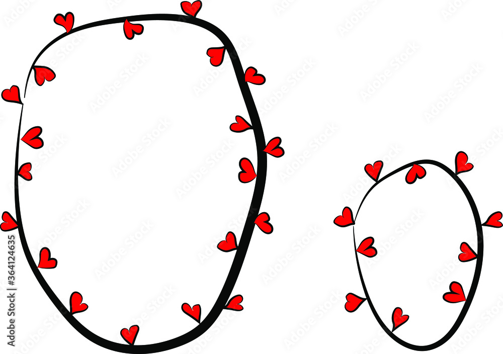 Festive romantic font. Black branches and bright red hearts. Valentine's day. Design of greeting cards and invitations. Latin English letters. Uppercase and lowercase letter O. Concise design