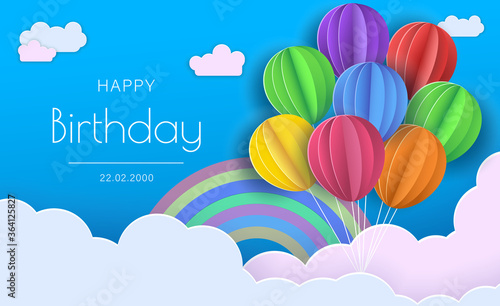 Origami Happy Birthday Greeting card.Flying Paper cut balloons. Colorful decoration for party, celebration, banner, card, gift. Vector Illustration.