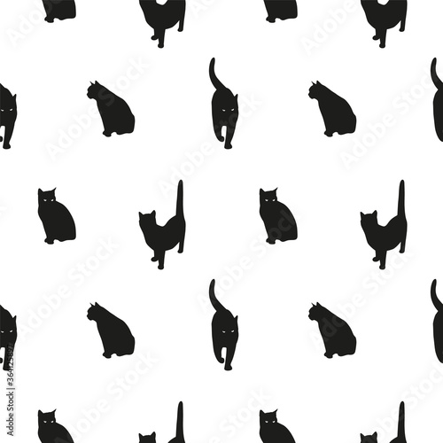Seamless pattern with black cat silhouettes. Minimalist fabric or textile design with animal on white background. - Vector illustration