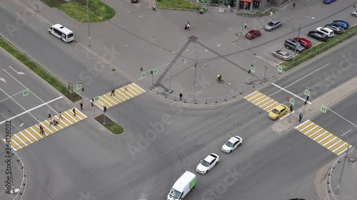 Pedestrian crossing at a crossroads. Top view. Time Laps.