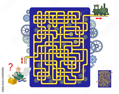 Logic puzzle game with labyrinth for children and adults. Help the engineer find the way to the locomotive. Draw the line. Worksheet for kids brain teaser book. IQ test. Online playing. Flat vector.