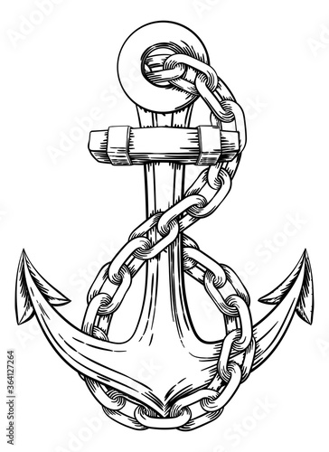An anchor from a boat or ship with a chain wrapped around it tattoo or retro style woodcut etching drawing in a vintage style