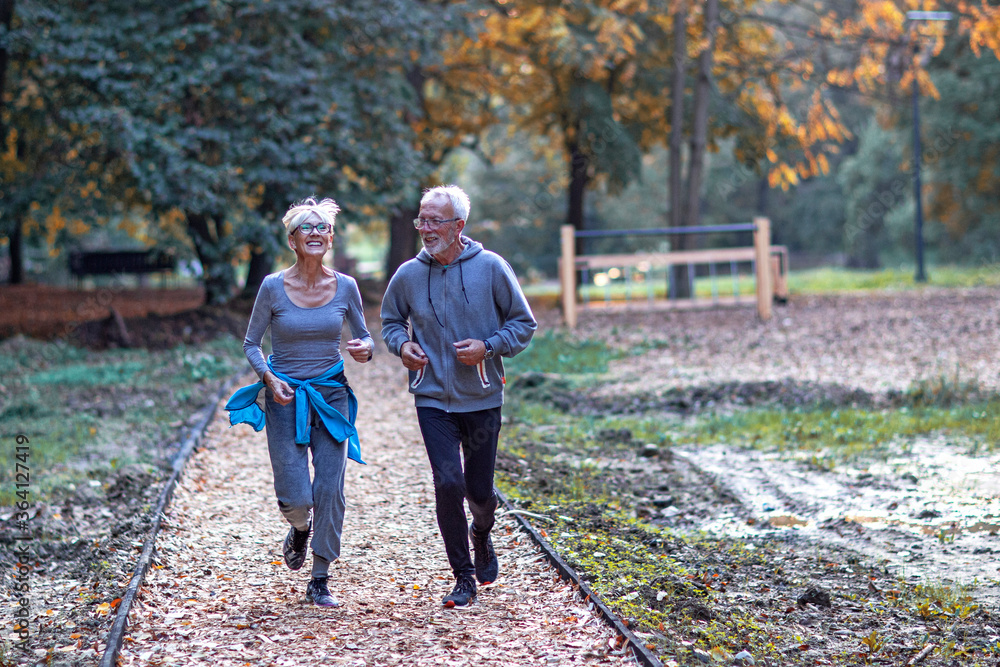 Fototapeta premium Aged couple jogging in the public park and smile