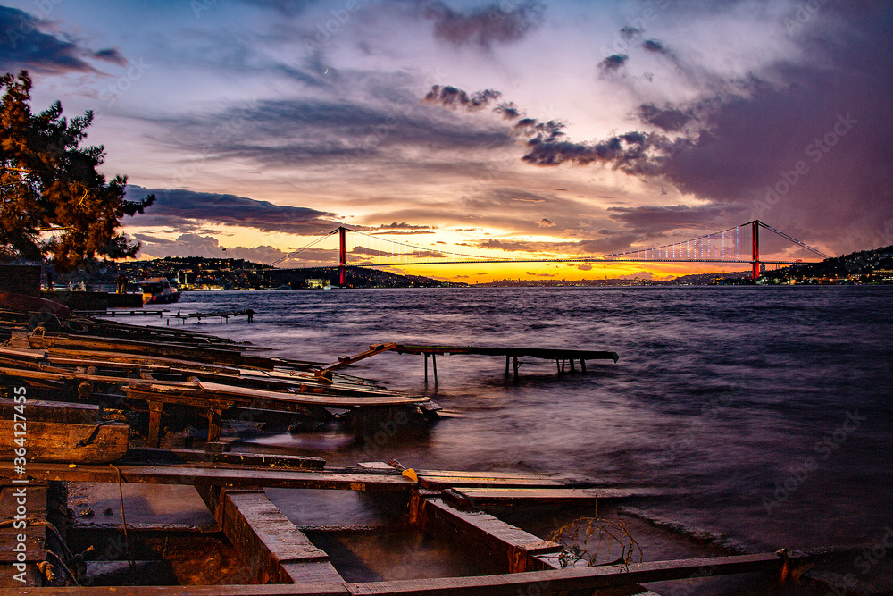 Istanbul Bosphorus panoramic photo. Istanbul landscape beautiful sunset with clouds Bosphorus Bridge, Fatih Sultan Mehmet Bridge Istanbul Turkey.Best touristic destination of Istanbul