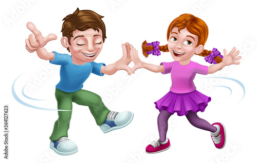 Boy and girl children cartoon kid characters happily dancing together