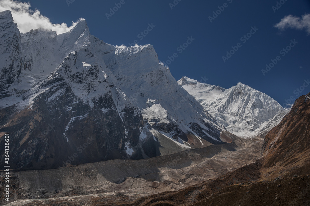 Syancha glacier, as seen   from Samdo village to Larkya Phedi camp on Manaslu Circuit trek, Manaslu Himal range, Gorkha district, Nepal Himalaya, Nepal.