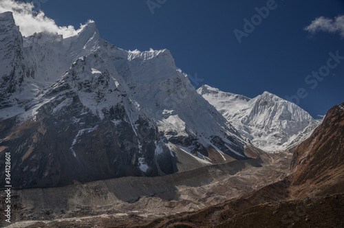 Syancha glacier, as seen from Samdo village to Larkya Phedi camp on Manaslu Circuit trek, Manaslu Himal range, Gorkha district, Nepal Himalaya, Nepal.