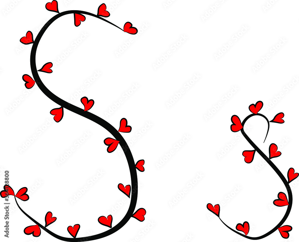 Festive romantic font. Black branches and bright red hearts. Valentine's day. Design of greeting cards and invitations. Latin English letters. Uppercase and lowercase letter S. Concise design