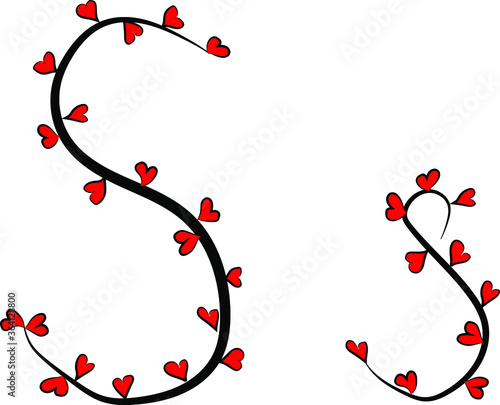 Obraz na płótnie Festive romantic font. Black branches and bright red hearts. Valentine's day. Design of greeting cards and invitations. Latin English letters. Uppercase and lowercase letter S. Concise design w salonie