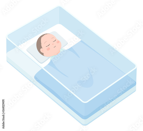 病院のベッドで寝ている新生児のイラスト_青
