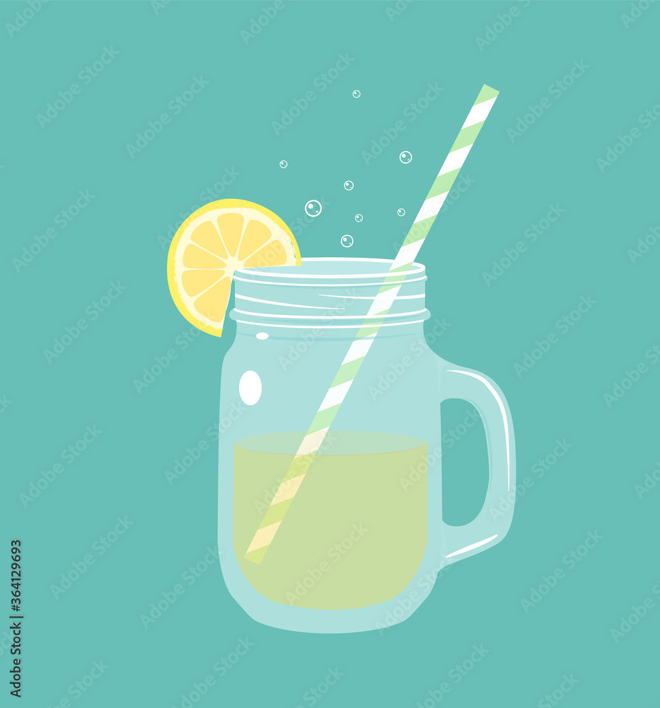 Cute lemonade jar illustration with lemon slice and straw. Fresh summer