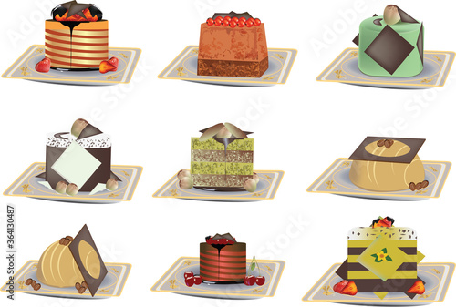 pastry cupcary on saucer of various ingredients and shapes