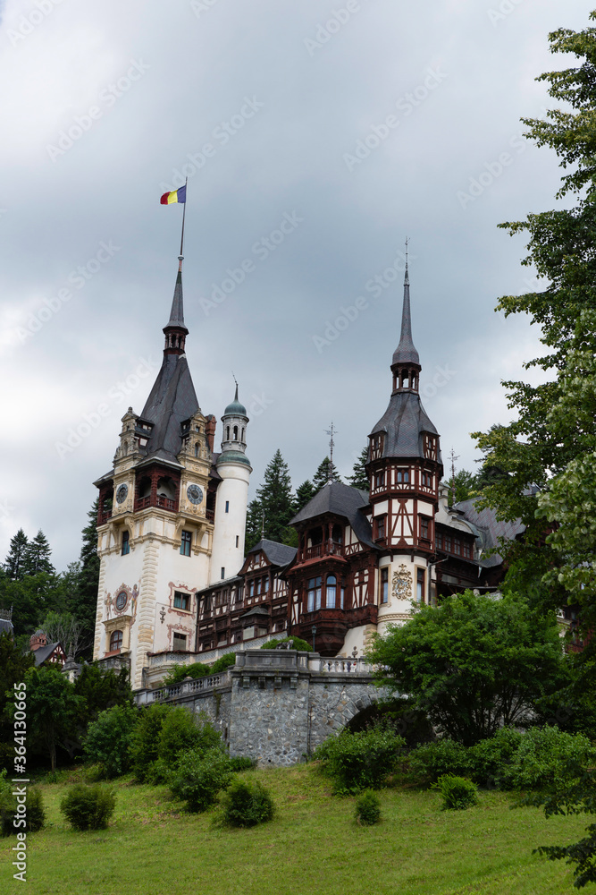 Sinaia, Romania, 7,2019: Peles Castle in Sinaia is one of the most beautiful castles in Europe