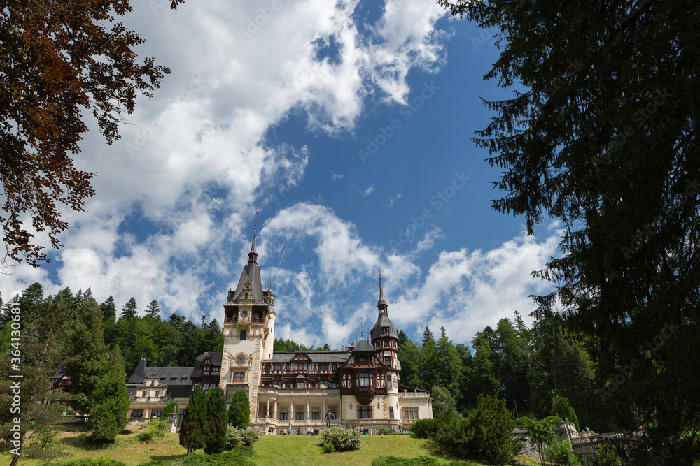 Sinaia, Romania, 7,2019: Peles Castle in Sinaia is one of the most beautiful castles in Europe