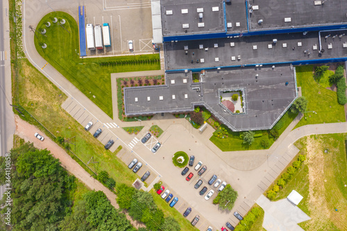 Aerial view of the distribution center, drone photography of the industrial logistic zone.