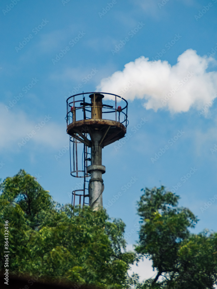 Industrial tower with smoke besides natural vegetation