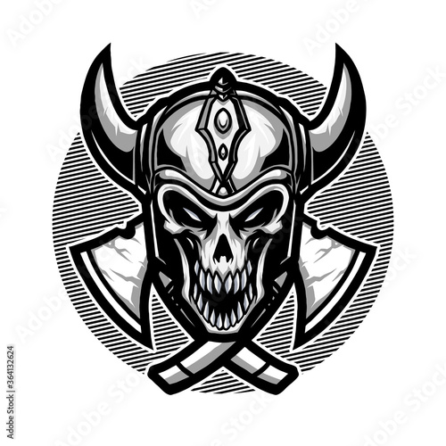 Vector illustration of Awesome Skull Head with a Smile, Viking helmet, horn, and axes on the White Background. Hand-drawn illustration for mascot sport logo poster t-shirt printing. Vector Logo