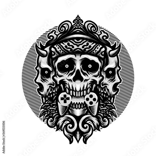 Vector illustration of Three Creepy Skull with a Smile, horn, bandana and grab gaming pad on the White Background. Hand-drawn illustration for mascot sport logo poster t-shirt printing. Vector Logo