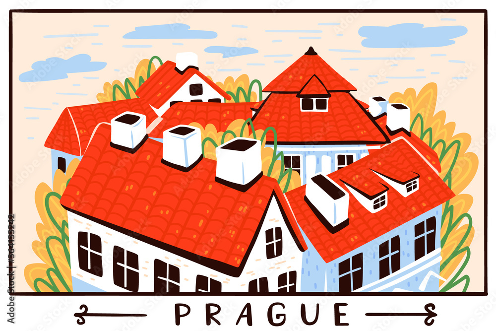 Illustration of typical old buildings in Prague. Historical part of Europe. Vector artistic cartoon illustration.
