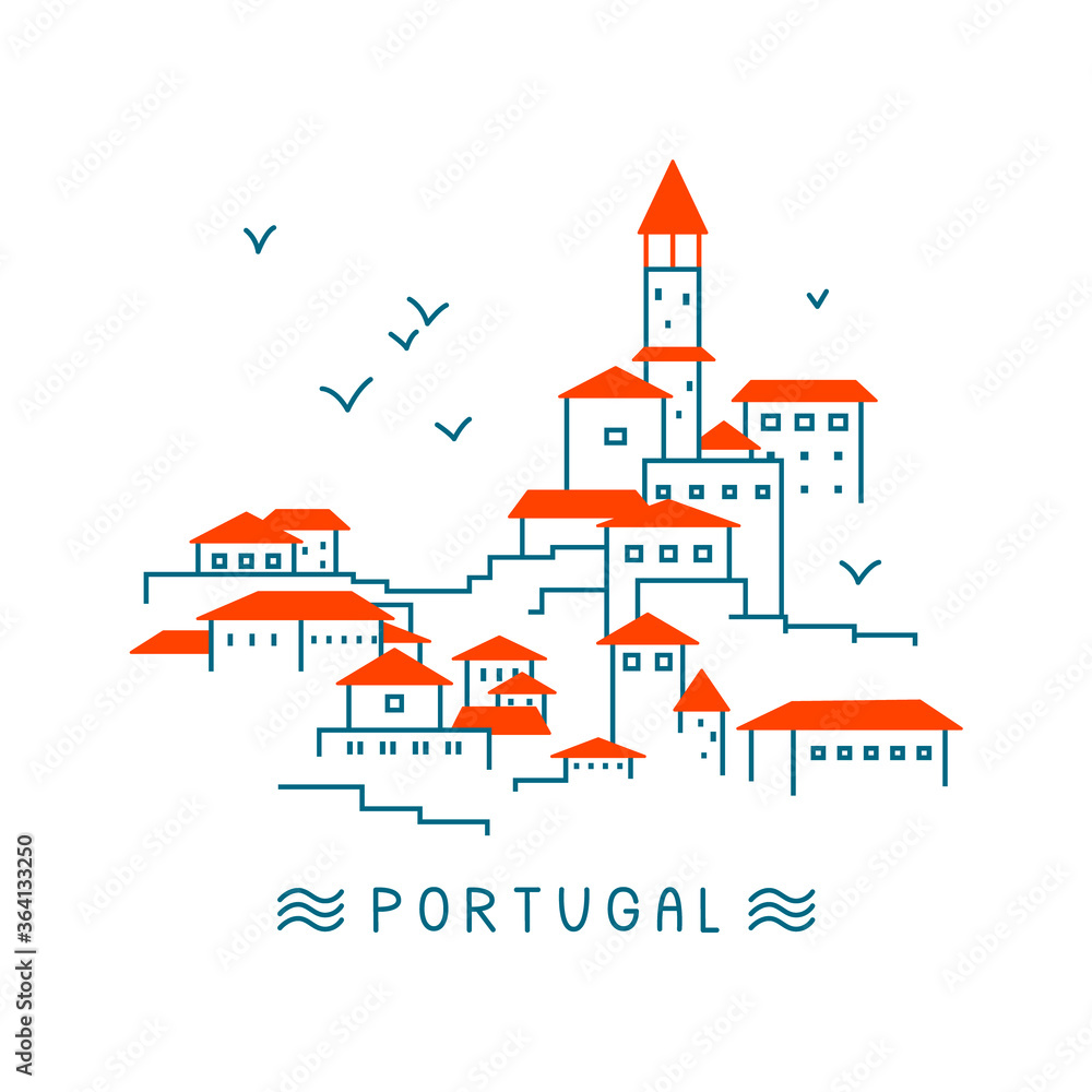 Fototapeta premium Portuguese city by the ocean. Vector minimalistic illustration perfect for postcards and different souvenir prints. 