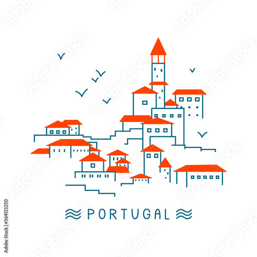 Portuguese city by the ocean. Vector minimalistic illustration perfect for postcards and different souvenir prints. 