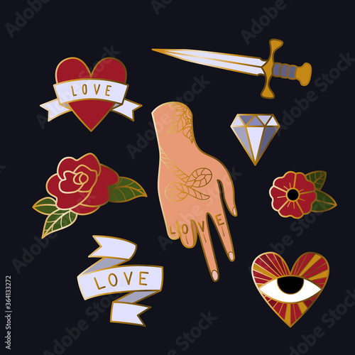Old school tattoo style enamel pins set. Vector traditional tattoo elements.
