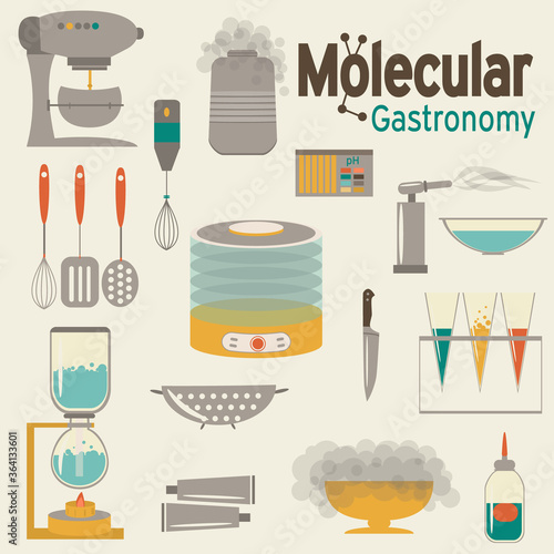 Molecular gastraonomy set of tools. Modernist cuisine in retro colors. Flat cartoon design.