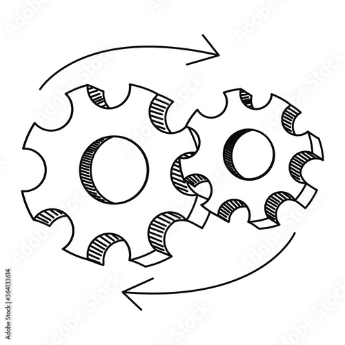 Two spinning gears in a sketch style. Linear work mechanism on a white background. Vector illustration with working business association. Stock image of iron parts in a linear style.