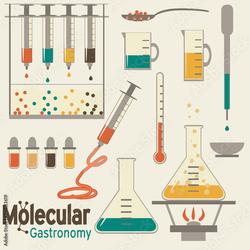 Molecular gastronomy flat set. Modernist cuisine in retro colors.