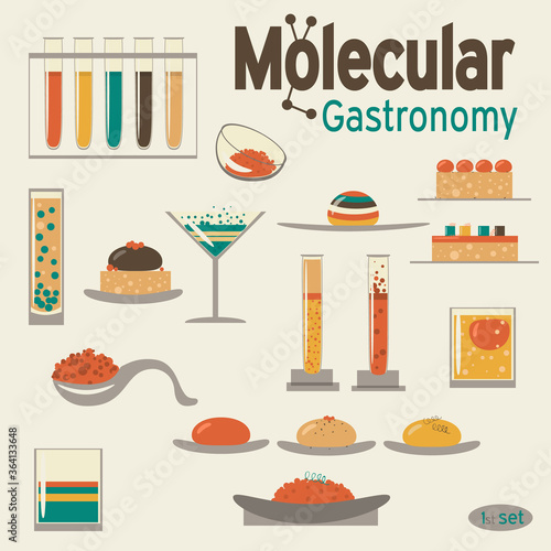 Molecular gastronomy 2nd set. Vector flat design. In retro colors.