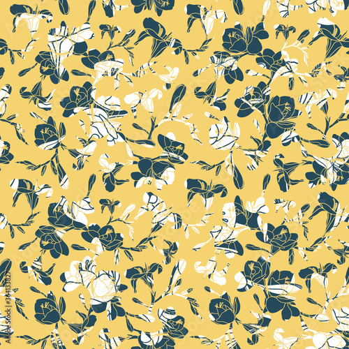 Freesia seamless vector pattern. Hand drawn delicate flowers in yellow, blue and white. Great for wallpaper, interior materials and summer fashion textiles. 