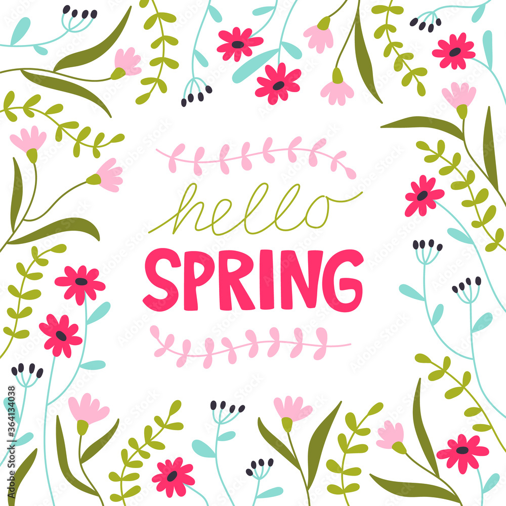 Hello Spring hand lettering with hand drawn botanical elements. Modern trendy flat cartoon design. Square floral frame. Hello Spring hand lettering with hand drawn botanical elements. Modern trendy flat cartoon design. Square floral frame.