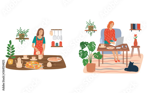 Set of people in the house who are engaged in household chores, freelance work. A woman at home makes tea, works on the computer. Flat cartoon colorful vector illustration