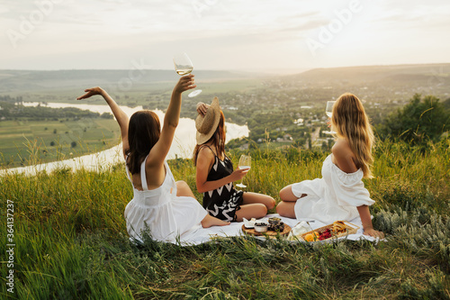 The company of gorgeous female friends having fun, drink wine, and enjoy hills landscape picnic with river on background and perfect landscape.