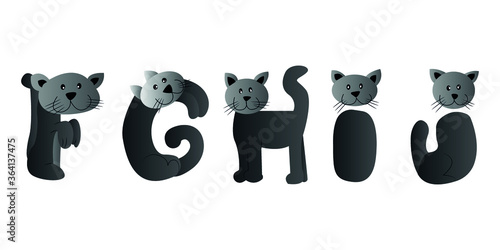 kids cartoon Cat Alphabet Set Vector Illustration. Cute Letters  F, G, H, I, J
