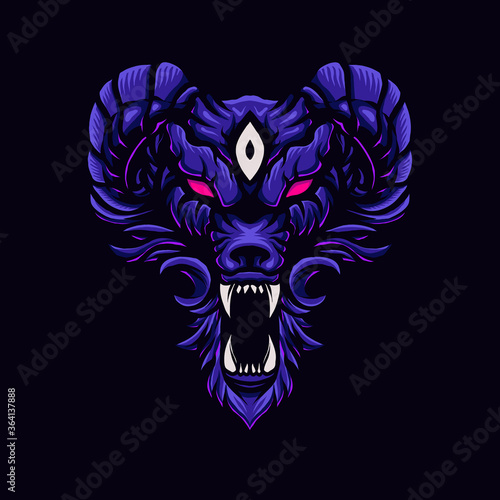 Vector illustration of Angry Wolf Pink Purple with a big mouth open and sharp teeth fang on the Purple Background. Hand-drawn illustration for mascot sport logo poster t-shirt printing. Vector Logo