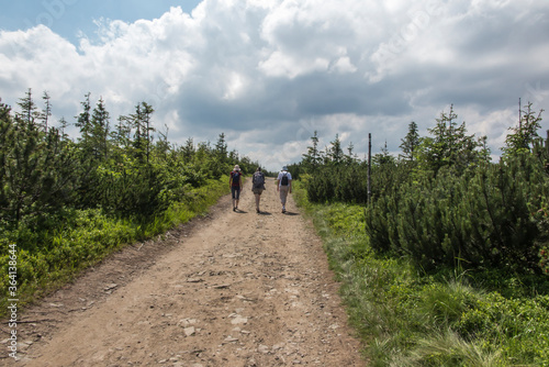  Hiking along a mountain trail in the Silesian Beskids near the Skrzyczne peak